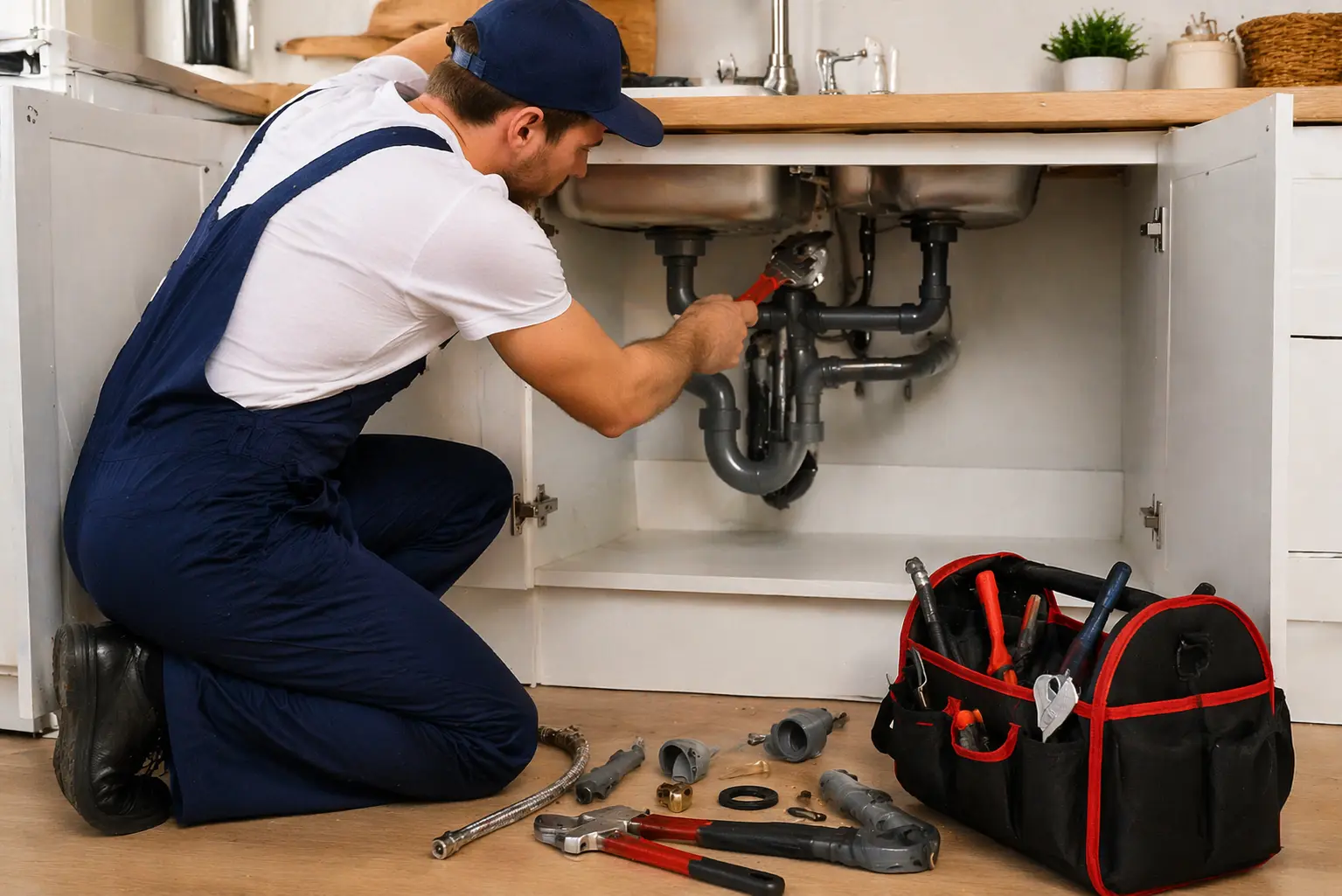 Kitchen plumbing sink installation and drain fix in Doha
